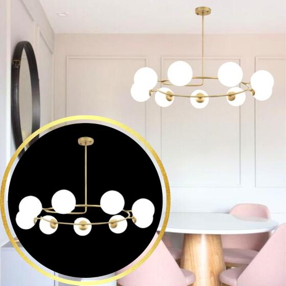 Imagem de Lustre 80x75cm Fibonacci Jabuticaba 9 Globos Vidro Metal Dourado Luminária Teto Gimpo KJDD-E-535-GOLD-9