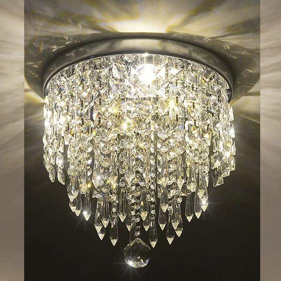 Imagem de Lustre Acrílico Cristal Para Sala Quarto Redondo Base Inox