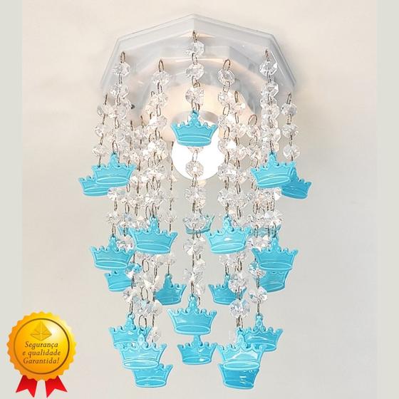 Imagem de Lustre Cristal Acrílico Luminária Decoração Quarto Infantil Bebê Menino Príncipe Coroas Azul Bebê 17x25cm