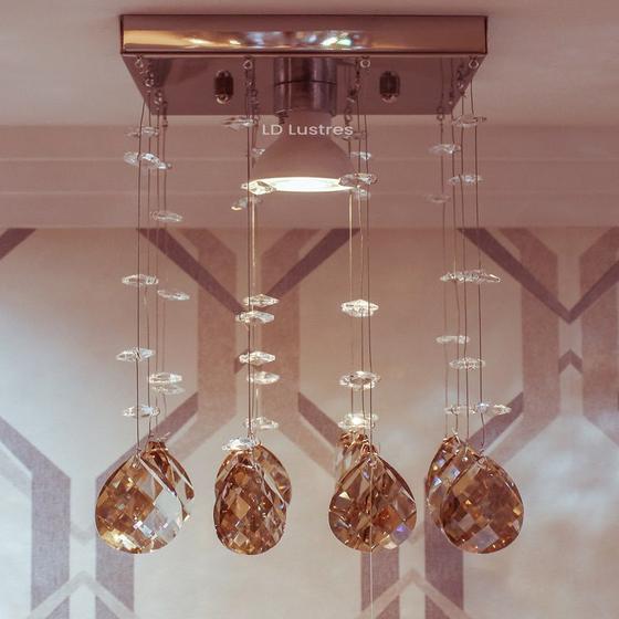 Imagem de Lustre de Cristal P/ Quarto Com 40cm De Altura na Base De Inox Polido Espelhado com 14X14cm