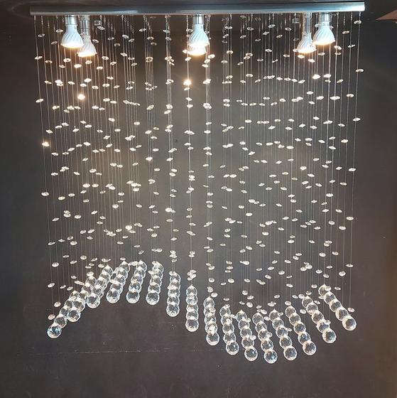 Imagem de Lustre de cristal para sala de jantar,base de inox polido 70x20cm,esferas de 30mm,com 1m de altura