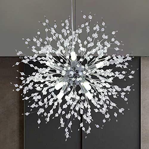 Imagem de Lustre de fogos de artifício moderno, 8-Light Dandelion Sputnik Chandelier Luminária Crystal Chrome Pendant Iluminação Teto Luminárias do Teto para Sala de Jantar, Sala de Estar, Quarto, Cozinha