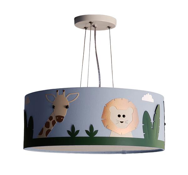 Imagem de Lustre Infantil Pendente Safari Cúpula Tecido Azul 40x15 