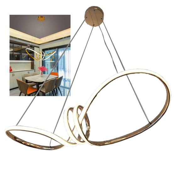 Imagem de Lustre Luminaria Arco Aneis Infinito 3 em 1 Pendente LED Luxo Ambiente Decoraçao Moderno Sala Recepçao Quarto Casa Comercial Residencial