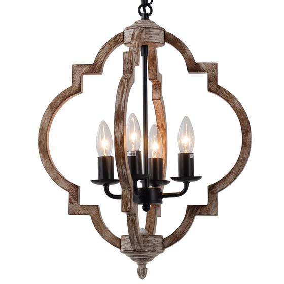 Imagem de Lustre Neechicx Farmhouse Wood 4 luzes, orbe rústica, 41 cm