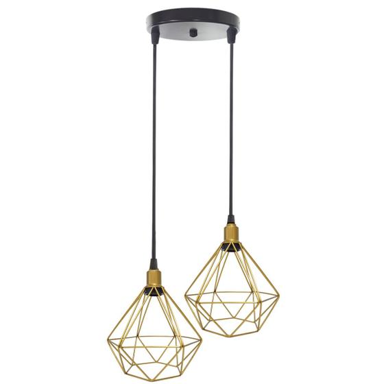 Imagem de Lustre Pendente Aramado Duplo Diamante Dourado Cabo Regulável Luminária Agp Ilumini