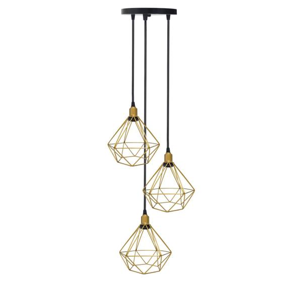 Imagem de Lustre Pendente Aramado Triplo Diamante Cabo Regulável Luminária Agp Ilumini Retro