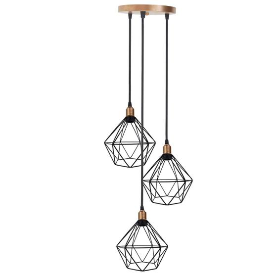 Imagem de Lustre Pendente Aramado Triplo Diamante Cabo Regulável Luminária Agp Ilumini Retro