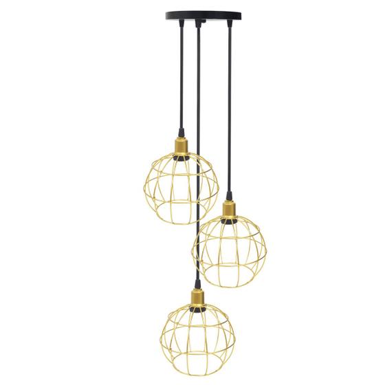 Imagem de Lustre Pendente Aramado Triplo Globo Dourado Cabo Regulável Luminária Agp Ilumini Retro