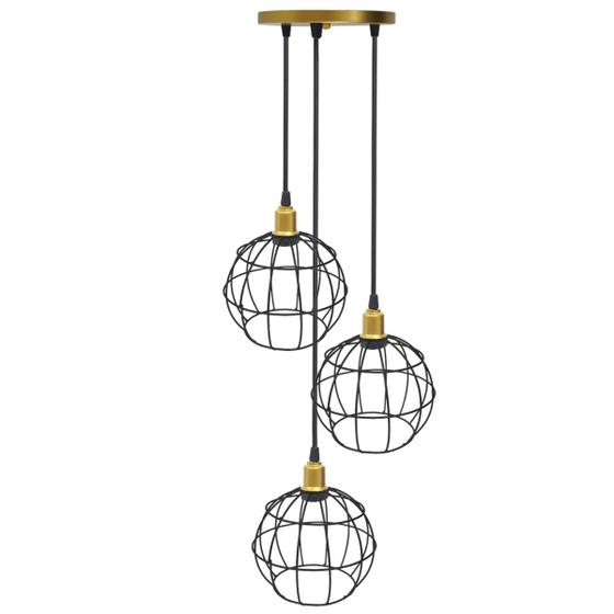 Imagem de Lustre Pendente Aramado Triplo Globo Dourado/Preto Cabo Regulável Luminária Agp Ilumini Retro