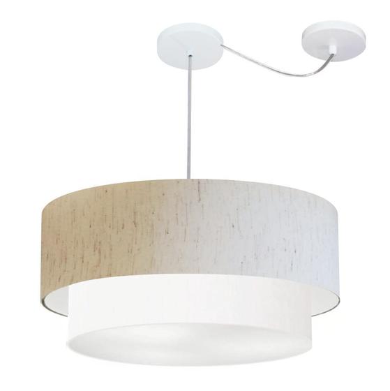 Imagem de Lustre Pendente Cilíndrico Com Desvio Linho Bege e Branco MJ-4362 Para Mesa de Jantar e Estar