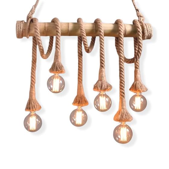 Imagem de Lustre Pendente Corda E Bambu 6 Soquetes Estilo Rústico