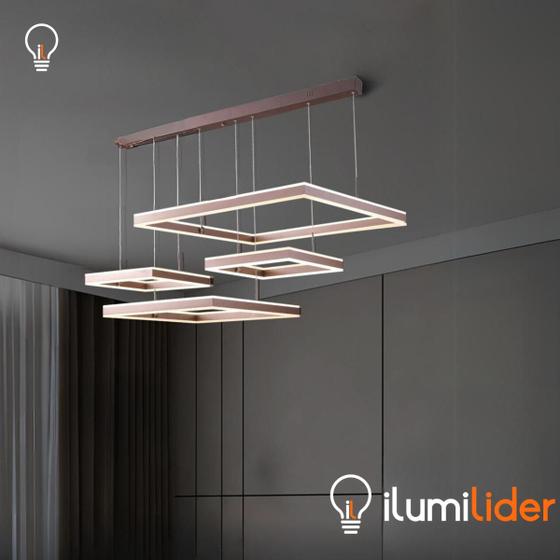 Lustre Pendente Led com 4 Aros Quadrado Moderno para Mesa e Sala de jantar 46w 3000k Menor preço em Lustre Pendente Led com 4 Aros Quadrado Moderno para Mesa e Sala de jantar 46w 3000k
