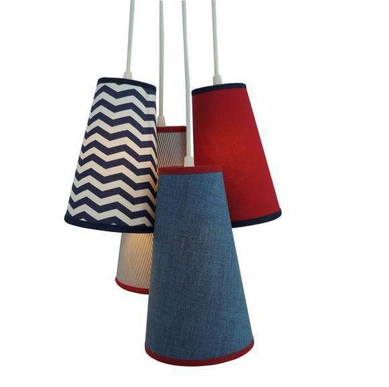 Imagem de Lustre Pendente Luminária Cacho Chevron 4 Cúpulas Tecidos Vermelho e Azul