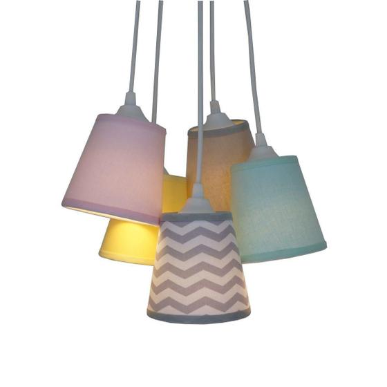 Imagem de Lustre Pendente Luminária Cacho Chevron Cinza, Amarelo, Verde e Rosa