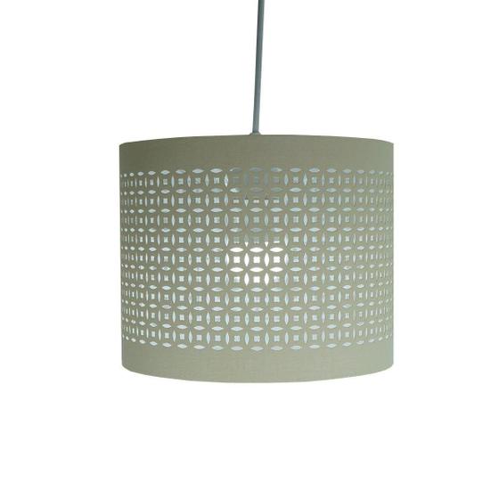 Lustre Pendente Luminária Revestida com Tecido Bege Vazado Menor preço em Lustre Pendente Luminária Revestida com Tecido Bege Vazado