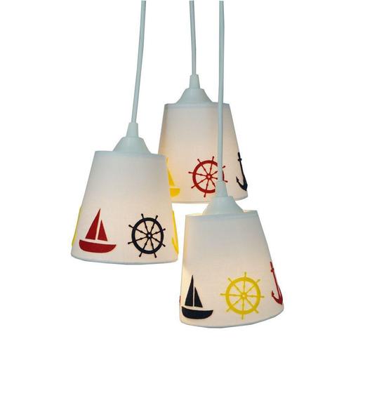 Lustre Pendente Luminária Tecido Branco com Apliques Marinheiro Menor preço em Lustre Pendente Luminária Tecido Branco com Apliques Marinheiro