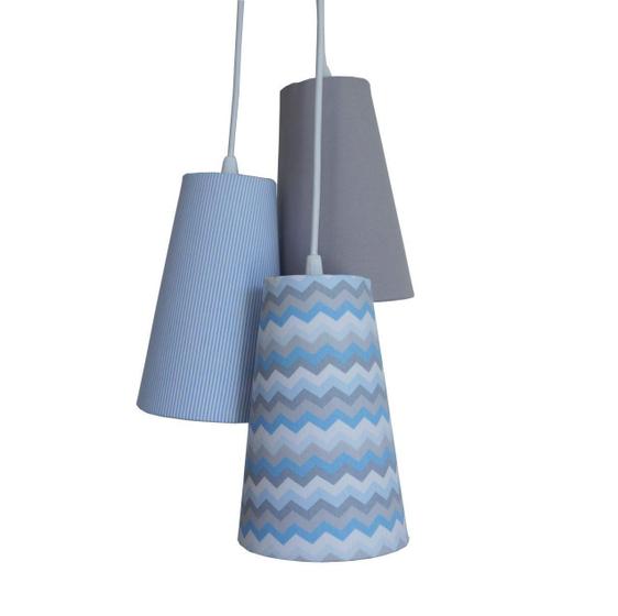 Imagem de Lustre Pendente Luminária Tecido Chevron Bebê  Tecidos Cinza, Azul e Branco