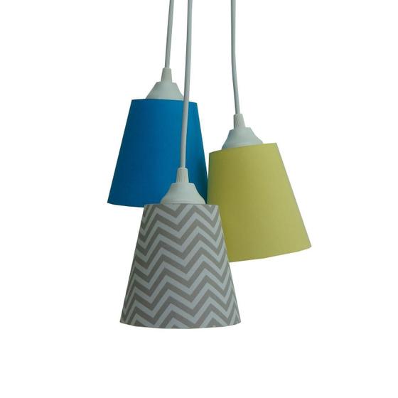 Imagem de Lustre Pendente Luminária Tripla Tecido Chevron Cinza, Azul Turquesa e Amarelo 