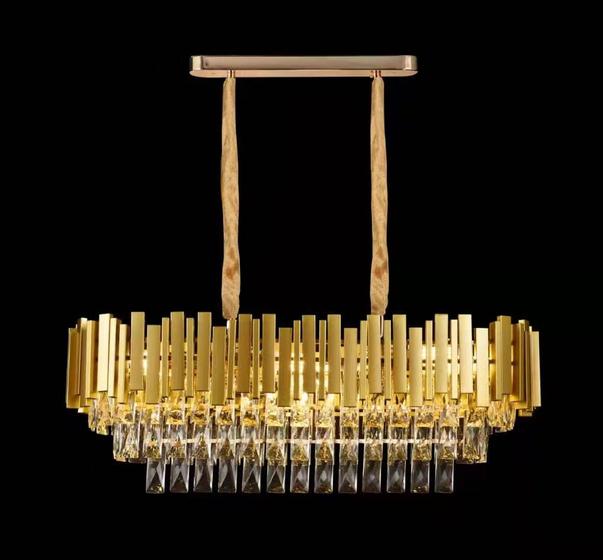 Imagem de Lustre Pendente Oval Metal Dourado e Cristais 8E14 76cm