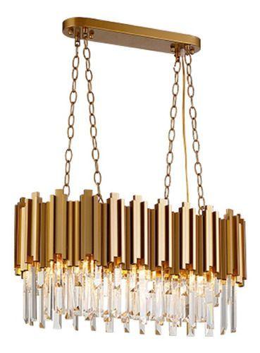 Imagem de Lustre Pendente Retangular Estrutura Dourada Com Cristais