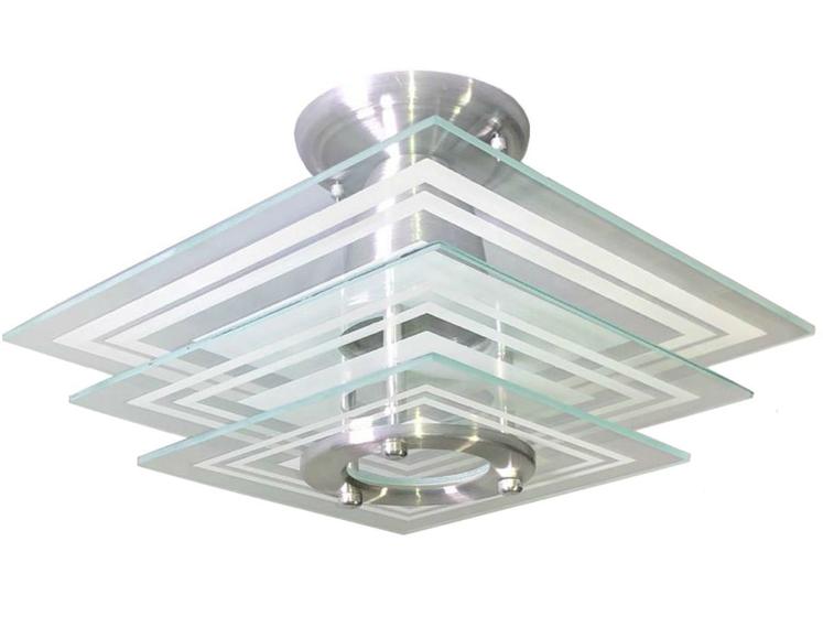Imagem de Lustre Plafon Sobrepor Quadrado Vidro Branco Sala Quarto Cozinha Luminária P LED