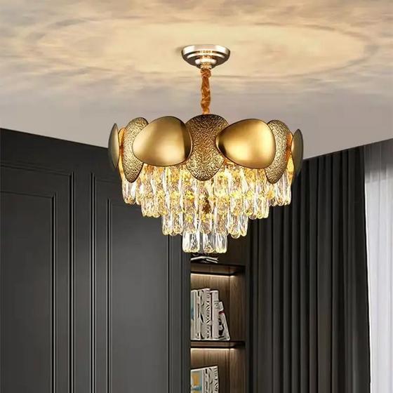 Imagem de Lustre Redondo Dourado com Cristais Transparente 40cm 6E14