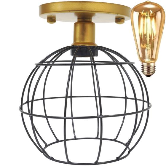 Imagem de Lustre Teto Plafon + Lâmpada Led Industrial Aramado Globo Preto Retrô Luminária Vintage Dourado