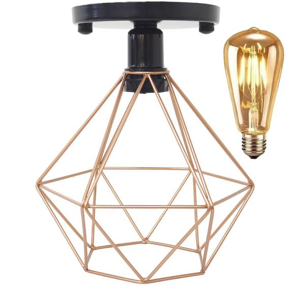 Imagem de Lustre Teto Plafon + Lâmpada Led St64 Industrial Aramado Diamante Retrô Luminária Sobrepor Vintage