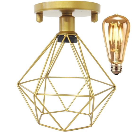 Imagem de Lustre Teto Plafon + Lâmpada Led St64 Industrial Aramado Diamante Retrô Luminária Sobrepor Vintage