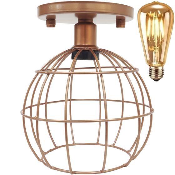 Imagem de Lustre Teto Plafon + Lâmpada Led St64 Industrial Aramado Globo Retrô Vintage Cobre Rose Gold