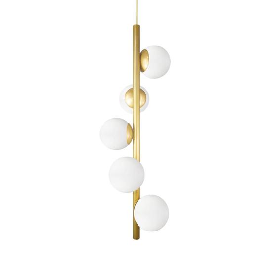 Imagem de Lustre Vertical Figo Ouro - 5 Globos Esfera De Vidro Branco