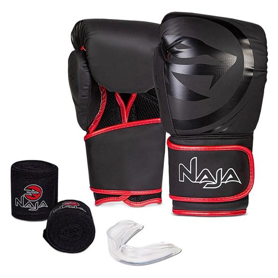 Imagem de Luva Boxe Muay Thai Black Line Naja - Par de Luvas + Bandagem + Protetor Bucal