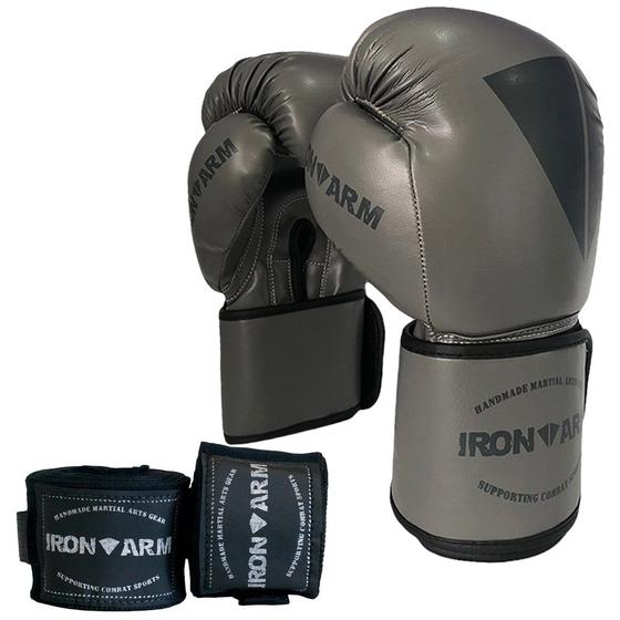 Imagem de Luva Boxe Muay Thai Cinza Kit com Bandagem Iron Arm