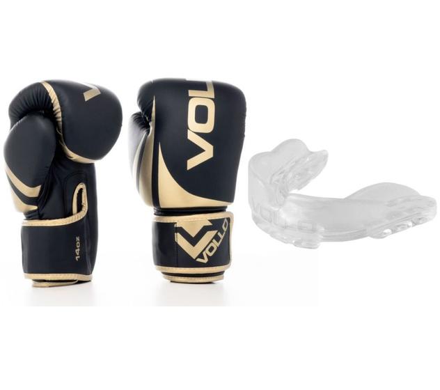 Imagem de Luva de Boxe/Muay Thai Vollo Preta/Dourada 14 Oz Training + Protetor Bucal Transparente