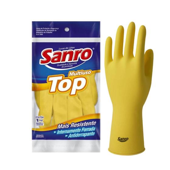 Imagem de Luva de látex Amarela P, M, G, XG TOP Sanro CA 40044 para limpeza, higiene e trabalhos gerais