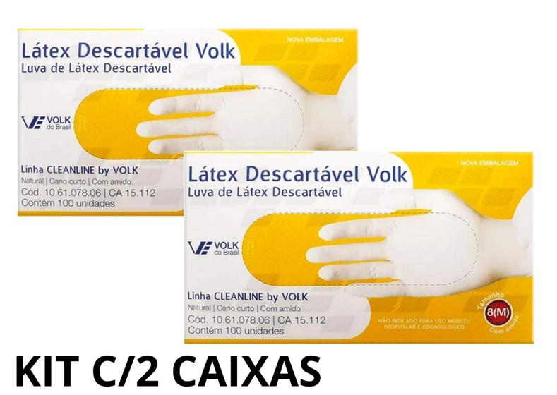 Imagem de Luva de Latex Descartável com amido c/100 un. - Volk Do Brasil (Kit com 2 caixas)