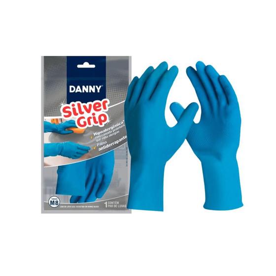 Imagem de Luva de Látex hipoalergênica Silver Grip azul P, M, G Danny CA 40730 ideal  para manuseio de alimentos e ambiente frigorífico