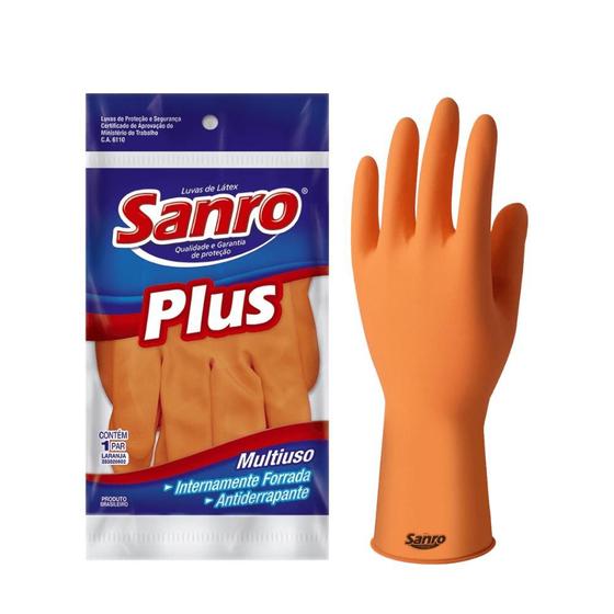 Imagem de Luva de látex Plus laranja P, M, G Sanro CA 6110 para limpeza, higiene e trabalhos gerais