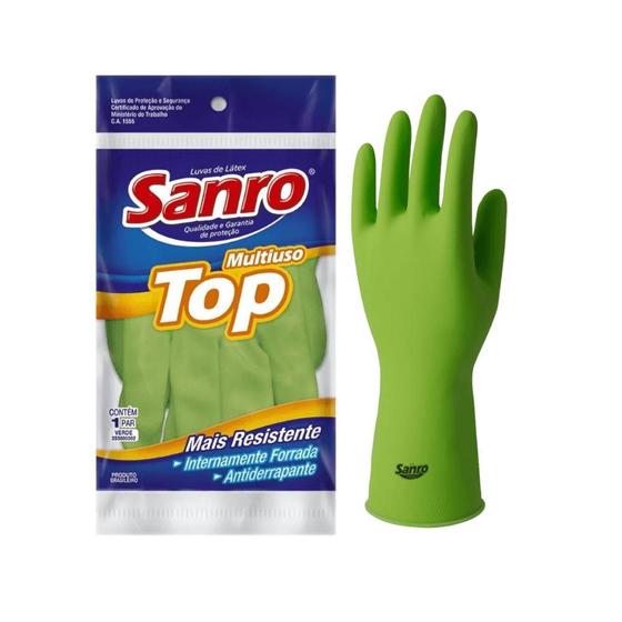 Imagem de Luva de látex Verde P, M, G, XG TOP Sanro CA 40045 para limpeza, higiene e trabalhos gerais