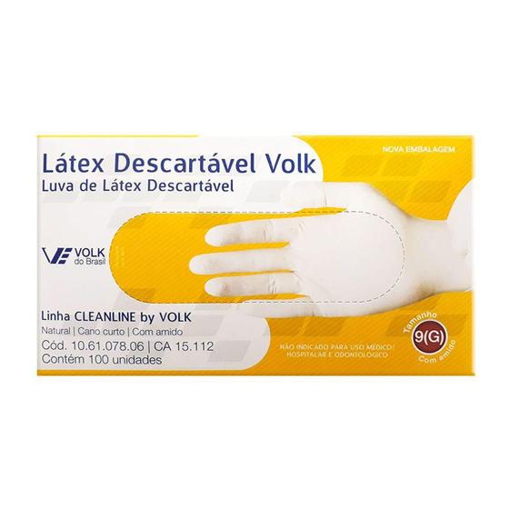 Imagem de Luva de Látex Volk Descartável Natural Não Estéril com Amido Tamanho 9 (G) com 100 Unidades
