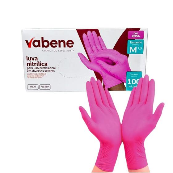 Imagem de Luva Descartável Nitrilo Rosa "M" Sem Pó Caixa com 100 Unidades Vabene