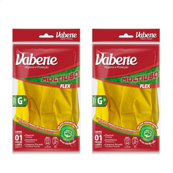Imagem de Luva Latex Multiuso Flex Leve Amarela Vabene  Kit c/ 2 Pares