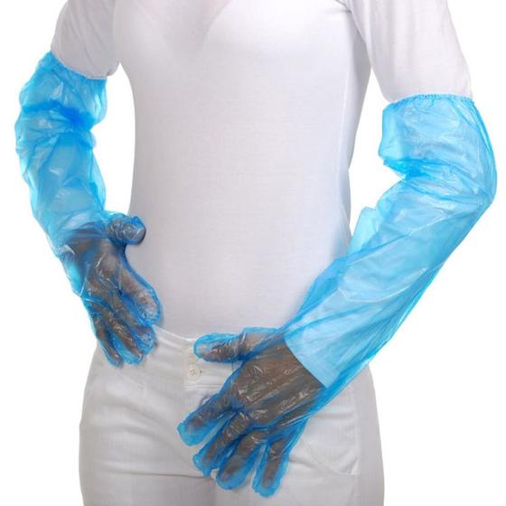 Imagem de Luva Plástica Azul Longa com Elástico Impermeável Água 100 Unidades