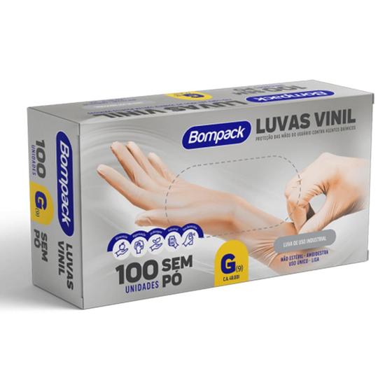 Imagem de Luva Vinil Descartável Sem Pó Transparente G C/100 Bompack