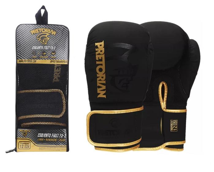 Imagem de Luvas de Boxe Muay Thai First FX2 Preto-Dourado Pretorian
