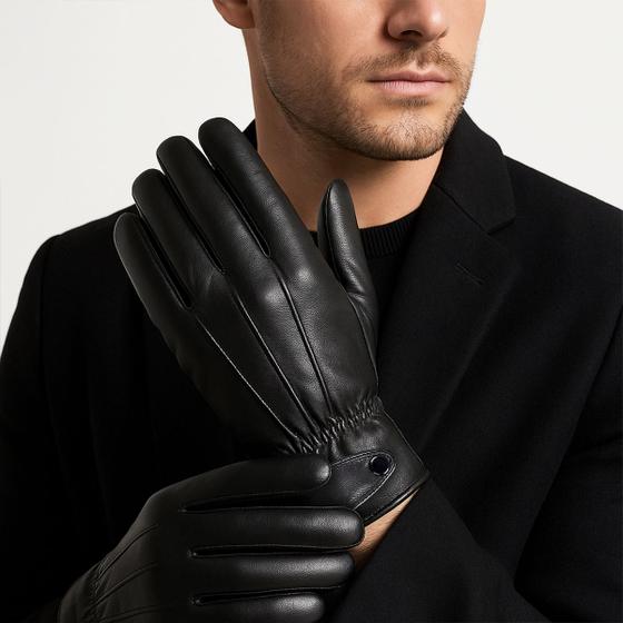 Imagem de Luvas de Couro Masculina Preta com Lã Interna de Carneiro