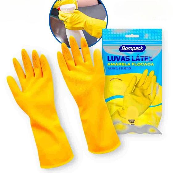 Imagem de Luvas Látex Amarela Flocada Flexível Elástica Multiuso - 1 Par (2 Luvas)