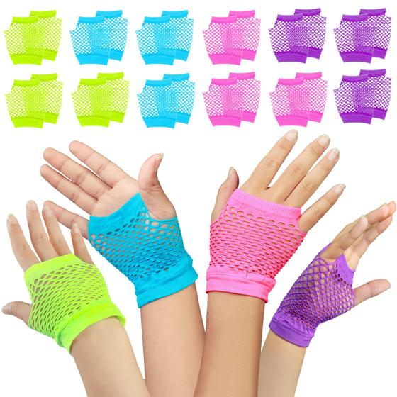 Imagem de Luvas Novelty Place Fingerless Fishnet Neon 12 pares femininas