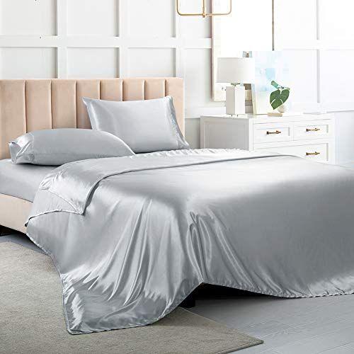 Imagem de Luxbedding Satin Sheets King, Lençóis macios de cama de seda, folha de seda cinza prata com 1 folha de bolso profundo e 1 folha plana & 2 fronhas de cetim sedosa